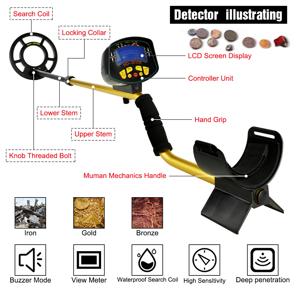 Metal Detector Waterproof Disc Underwater Underground High Accuracy Sensitive LCD Display Humanity MD-3010II